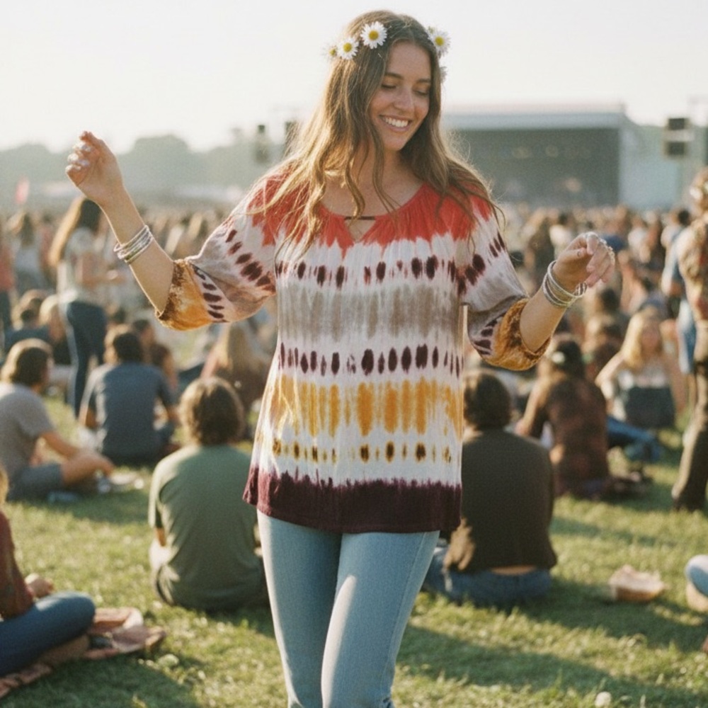 Multi-Color Tie-Dye Boho Blouse with 3/4 Sleeves with Elastic Cuffs